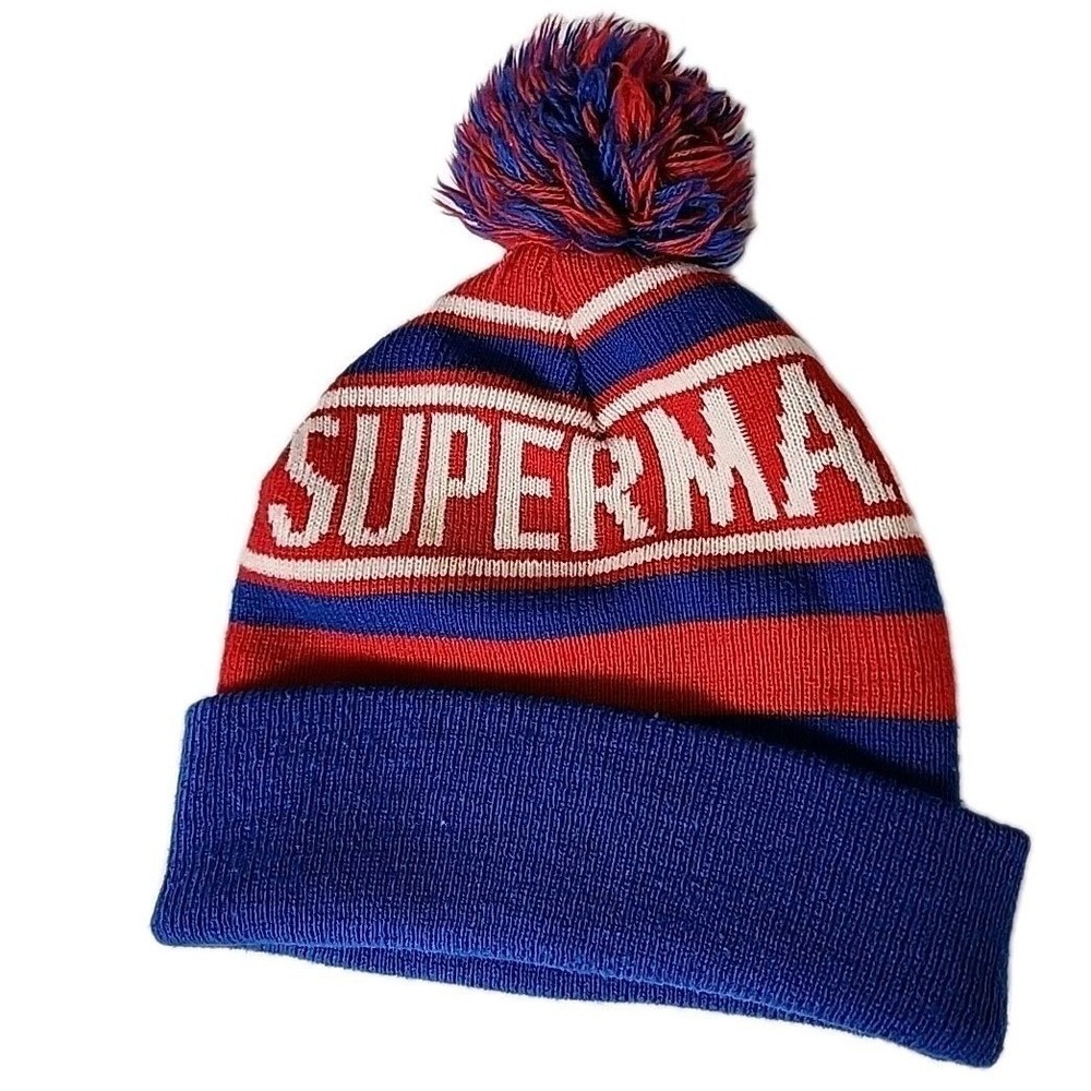 Superman Beanie Retro Pom Pom Style Skater One Size Fits Most Blue Red WhiteEUC